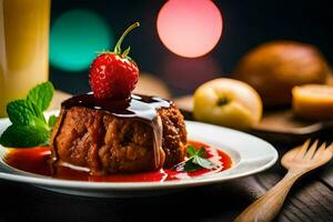 une dessert avec des fraises et une verre de Orange jus. généré par ai photo