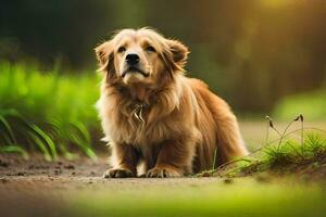 une d'or retriever séance sur le sol dans le herbe. généré par ai photo