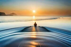 une la personne séance sur une Dock à le coucher du soleil. généré par ai photo