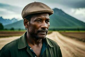 une homme dans une chapeau des stands dans de face de une saleté route. généré par ai photo