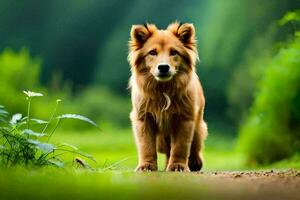 une chien en marchant sur une chemin dans le les bois. généré par ai photo