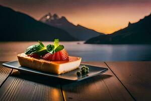 une tranche de cheesecake sur une assiette avec une vue de le lac. généré par ai photo