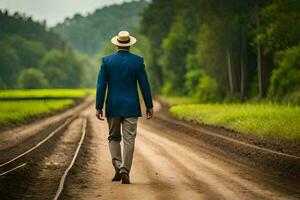 une homme dans une costume et chapeau des promenades vers le bas une saleté route. généré par ai photo