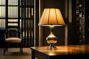 une table lampe est séance sur une en bois tableau. généré par ai photo