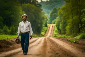 une homme dans une chapeau et blanc chemise en marchant vers le bas une saleté route. généré par ai photo