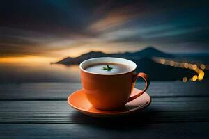 une tasse de café sur une en bois table avec une vue de le mer. généré par ai photo