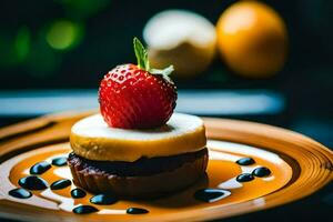 une dessert avec une fraise sur Haut. généré par ai photo