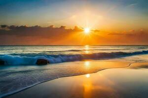 le Soleil monte plus de le océan et vagues sur le plage. généré par ai photo