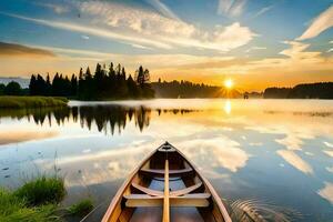 une canoë sur le Lac à le coucher du soleil. généré par ai photo