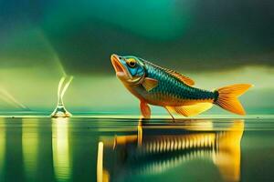 une poisson est permanent sur le l'eau avec une lumière. généré par ai photo