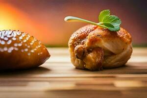 une pièce de poulet sur une en bois tableau. généré par ai photo