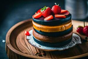 une empiler de Trois Chocolat Gâteaux avec des fraises. généré par ai photo