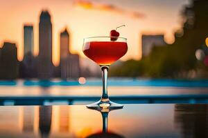 une cocktail avec une Cerise sur Haut de une verre dans de face de une ville ligne d'horizon. généré par ai photo