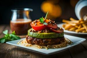 une Hamburger avec tomate, Avocat et salade sur Haut. généré par ai photo