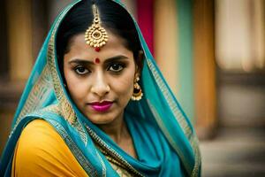 une femme dans traditionnel Indien vêtements. généré par ai photo