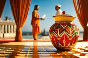 une homme et femme sont permanent dans de face de une grand vase. généré par ai photo