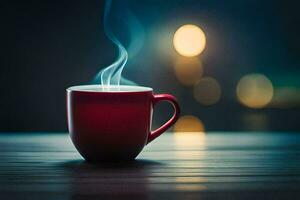 une rouge tasse de café sur une en bois tableau. généré par ai photo