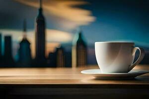 café tasse sur le table avec paysage urbain dans le Contexte. généré par ai photo