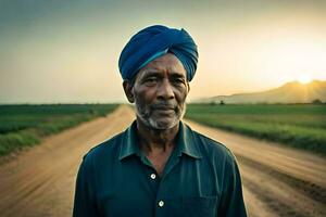 un Indien homme dans une turban permanent sur une saleté route. généré par ai photo
