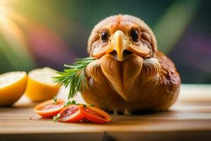 une poulet avec une Romarin brin dans ses le bec. généré par ai photo