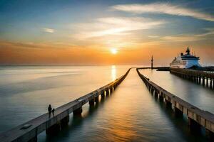 une jetée avec une bateau à le coucher du soleil. généré par ai photo