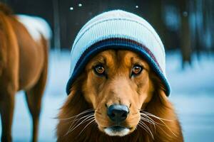 une chien portant une chapeau dans le neige. généré par ai photo
