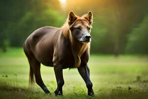 une cheval avec longue cheveux en marchant dans le herbe. généré par ai photo