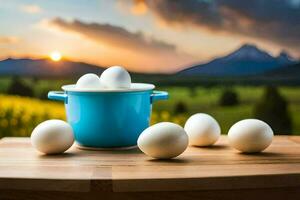 des œufs dans une bleu pot sur une table avec une Montagne dans le Contexte. généré par ai photo