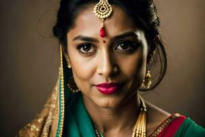 un Indien femme portant traditionnel bijoux. généré par ai photo