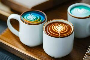 Trois café tasses avec coloré dessins sur eux. généré par ai photo