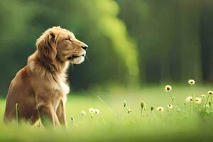 une chien séance dans le herbe avec fleurs. généré par ai photo