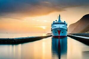 une bateau amarré à le fin de une Dock à le coucher du soleil. généré par ai photo