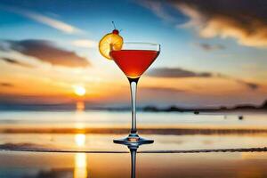 cocktail sur le plage à le coucher du soleil. généré par ai photo