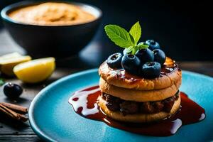 une empiler de Crêpes avec myrtilles et cannelle. généré par ai photo