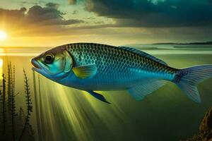 une poisson nager dans le océan à le coucher du soleil. généré par ai photo