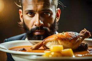 une homme avec une barbe et une costume est en portant une assiette avec une poulet plat. généré par ai photo