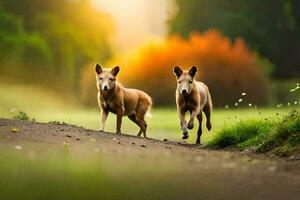 deux chiens fonctionnement sur une saleté route dans le le coucher du soleil. généré par ai photo