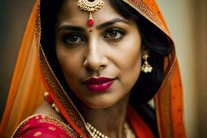 une magnifique Indien femme portant une rouge sari. généré par ai photo