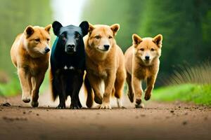 quatre chiens fonctionnement sur une saleté route. généré par ai photo