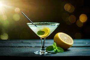 une martini avec citron et menthe sur une en bois tableau. généré par ai photo