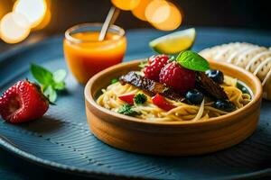 le nourriture est servi dans une bol avec une assiette de pain et une verre de jus. généré par ai photo