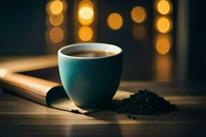 café des haricots sur une en bois table avec une tasse de café. généré par ai photo