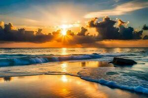 le Soleil monte plus de le océan et vagues sur le plage. généré par ai photo