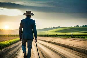 une homme dans une costume et chapeau en marchant vers le bas une saleté route. généré par ai photo