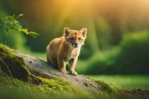 une petit lionceau est permanent sur une Roche dans le forêt. généré par ai photo