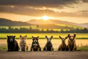 une groupe de chiens séance dans de face de le Soleil. généré par ai photo