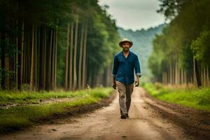 une homme en marchant vers le bas une saleté route dans le milieu de une forêt. généré par ai photo
