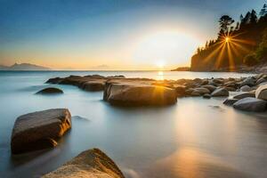 le Soleil monte plus de le l'eau et rochers sur le plage. généré par ai photo