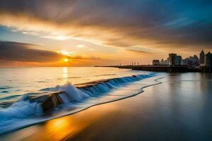 le Soleil ensembles plus de le ville horizon comme vagues crash dans le rive. généré par ai photo