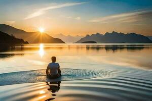 une la personne séance dans méditation sur le l'eau à le coucher du soleil. généré par ai photo